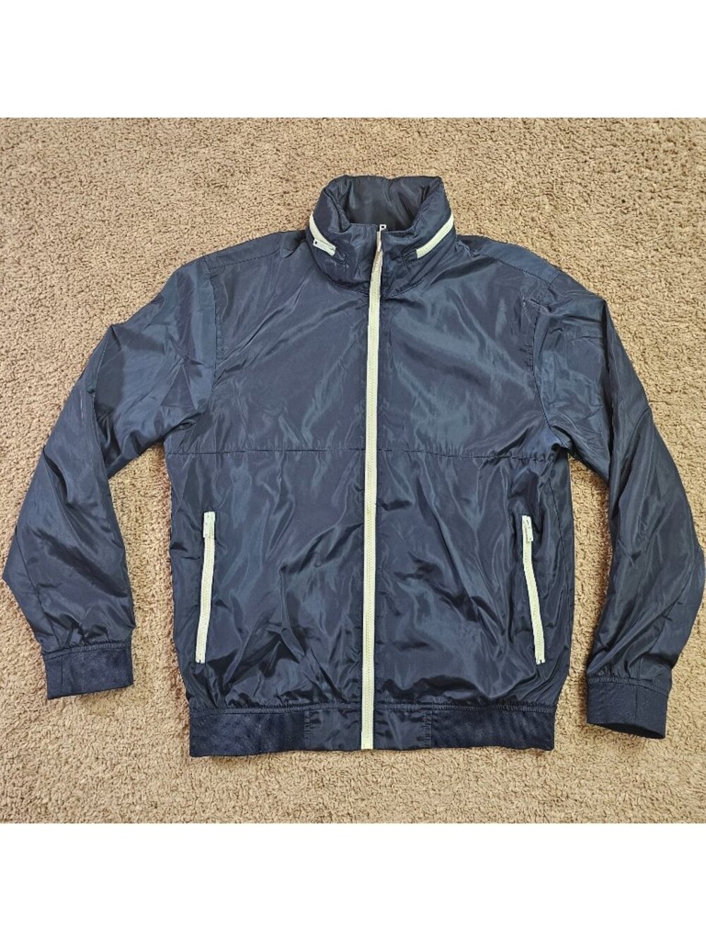 Gap Windbreaker Mens Small Navy Nylon Full Zip Jacket Hidden Hood Lightweight